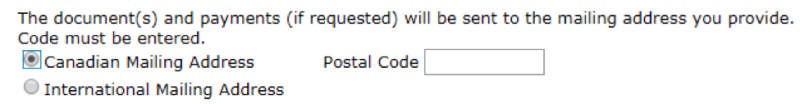 A fragment of an input form asking for a postal code without specifying the required format